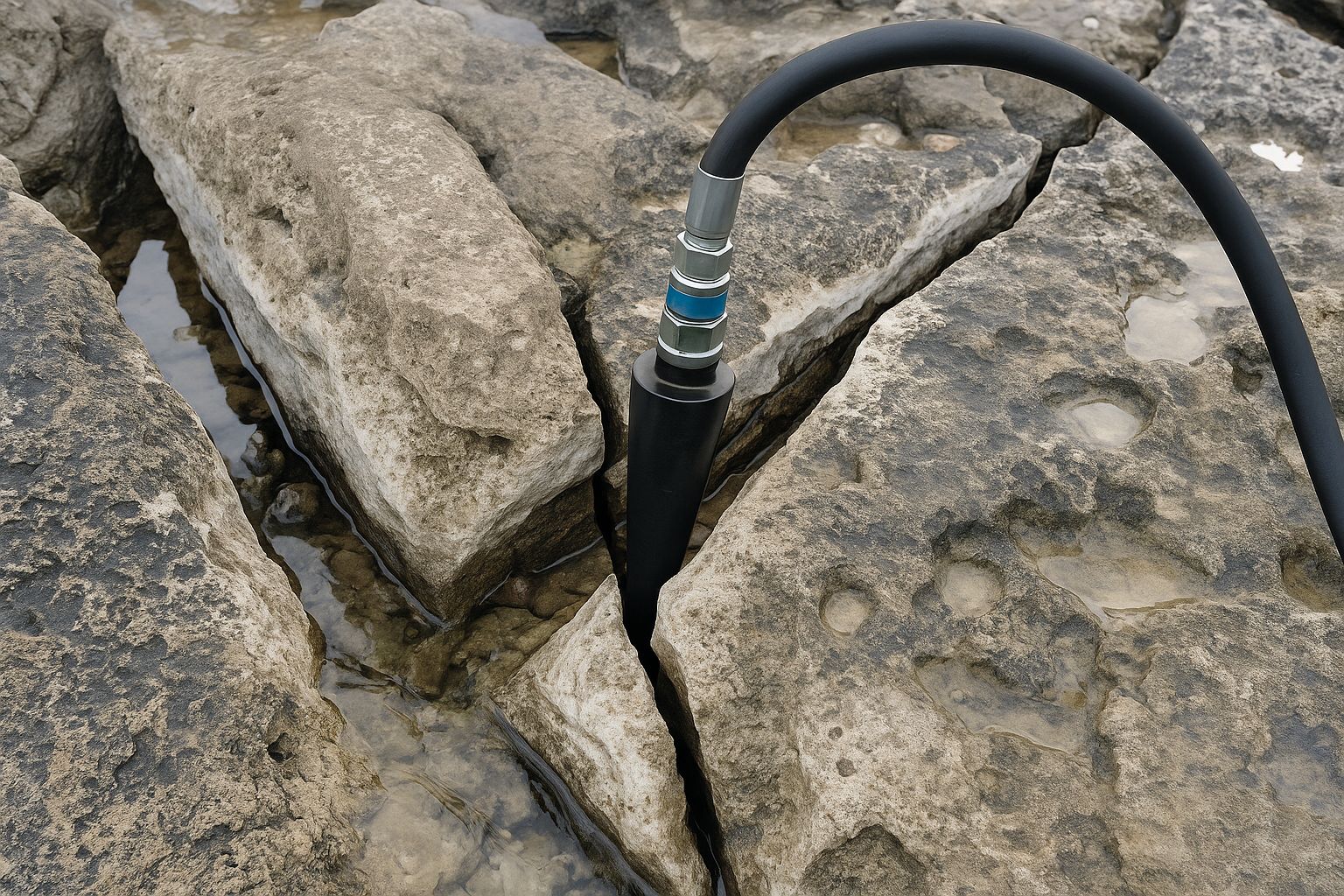 Arbetare använder hydraulisk kil för att spräcka stor sten på byggarbetsplats