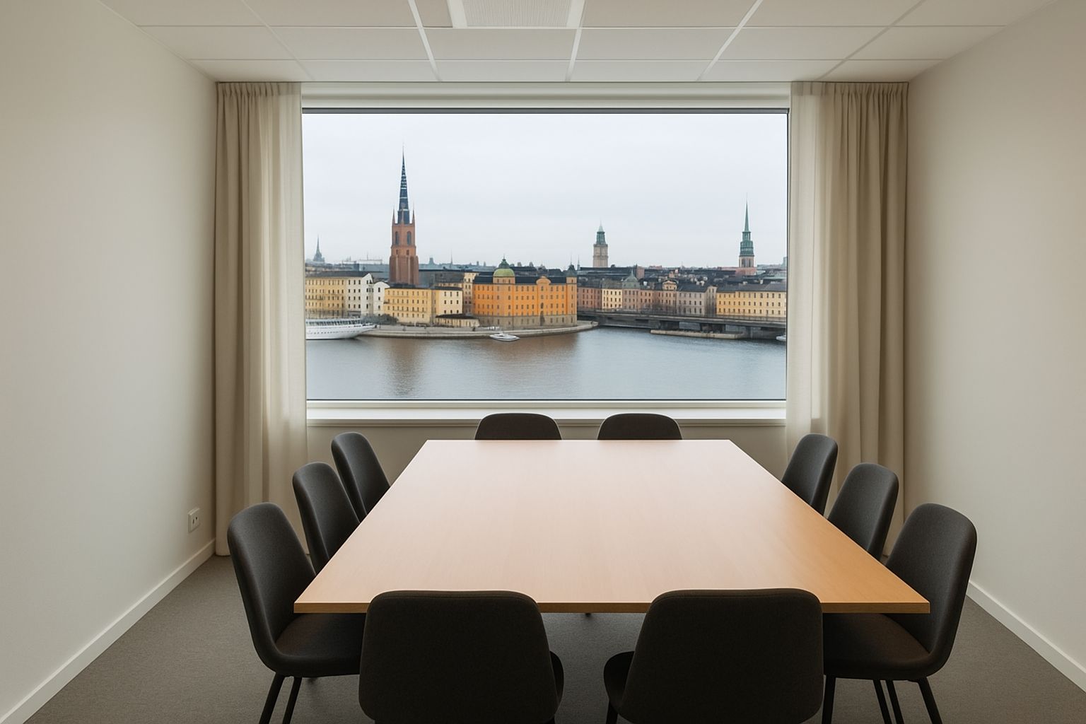 Modernt konferensrum med långt bord, ergonomiska stolar och stor skärm i Stockholm.
