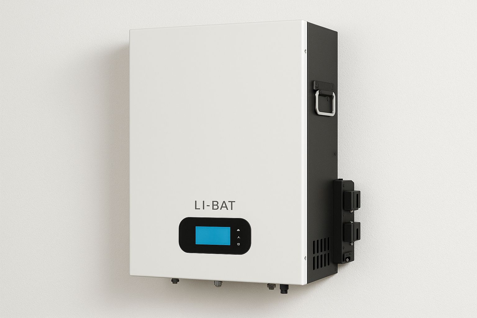 Modernt vitt hembatteri monterat på en ljus vägg, med solpaneler i bakgrunden.